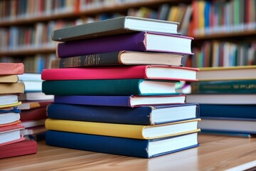 A stack of books on a library table with bookshelves in the background