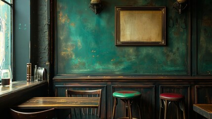 A blank picture frame hanging on the old textured wooden wall in a cosy old english or irish pub