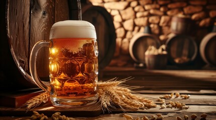 beer in a glass cup on a bar next to wheat in a brewery bar - obrazy, fototapety, plakaty