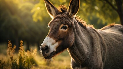Closeup of a Donkey Grazing in a Natural Environment. Domesticated Ass. Portrait of a Donkey on a Meadow. Animal Husbandry.