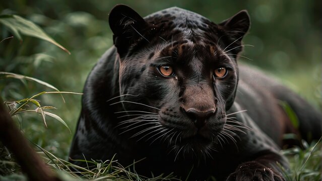 Closeup of a Black Panther in a Natural Environment. Black Leopard. Black Jaguar. Wild Black Panther. Wild Animal. Wild Cat. Predator Cat. Black Panther in the Jungle.