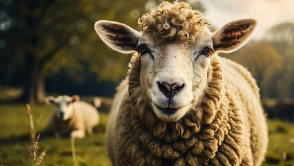 Obraz premium Closeup of a Sheep Grazing in a Natural Environment. Domesticated Animals. Sheep on Green Fields. Livestock Farming. Wool Production.