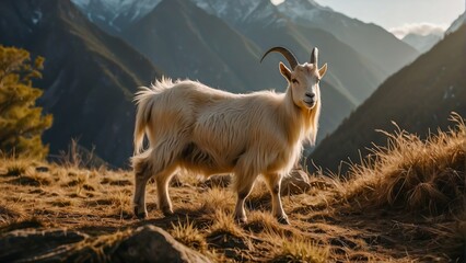 Himalayan Goat Grazing in a Natural Environment. Domestic Goat. Goat in the Mountains. Livestock Farming.