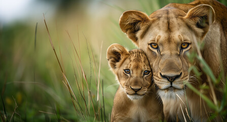 a lioness and her cub - obrazy, fototapety, plakaty
