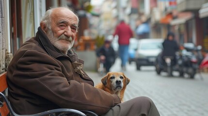 A poor old man living in Turkey and his animal friendship - obrazy, fototapety, plakaty