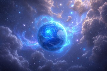 Blue Earth with Stars and Clouds - obrazy, fototapety, plakaty