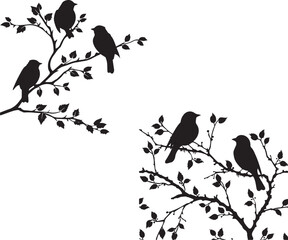 Birds on branch black silhouette 