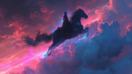 woman on flying horse sky pink blue phosphorescent - obrazy, fototapety, plakaty