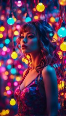Fototapeta premium Portrait of a Beautiful Woman in Surreal Colorful Lighting Surroundings with Whimsical Light Bulbs.