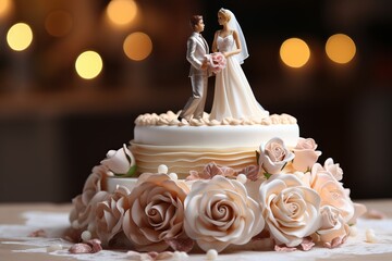Charming bride and groom figurine gracing an elegant wedding cake, symbolizing love and celebration
