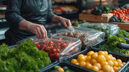 Grocery store cashier packing food into a reusable bag