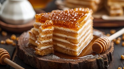 A Russian honey cake called medovik. Unique honey cake texture with layers infused with honey flavor. Russian cuisine cake. - obrazy, fototapety, plakaty