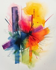 Abstract expressionist watercolor painting, featuring spontaneous and bold brushstrokes in vivid colors