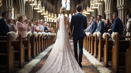 Elegant catholic church wedding ceremony  capturing the moment of the bride and groom