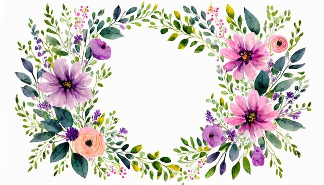 frame or wreath with flowers romantic watercolor paint illustration hand drawn floral decor for wedding invitation design