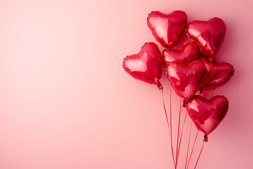 Fototapeta na wymiar red heart shaped balloons on pink background in