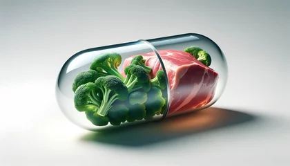 Fotobehang B12 supplement capsules alongside natural sources of the vitamin, including fresh cuts of meat and green broccoli, illustrating organic and nutritional options for health. © TensorSpark