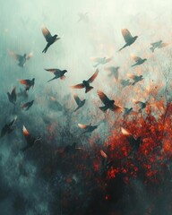 a flock of birds in flight, with a blend of realism and abstract elements