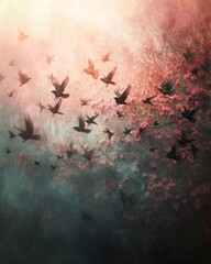 a flock of birds in flight, with a blend of realism and abstract elements