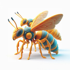 Colorful Wasps. 3D minimalist cute illustration on a light background.