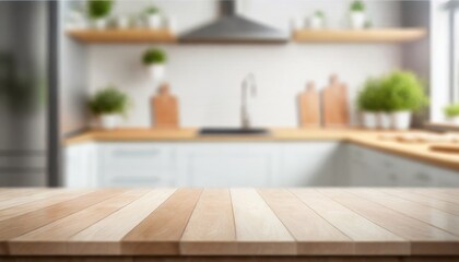 empty tabletop over defocused kitchen with copy space