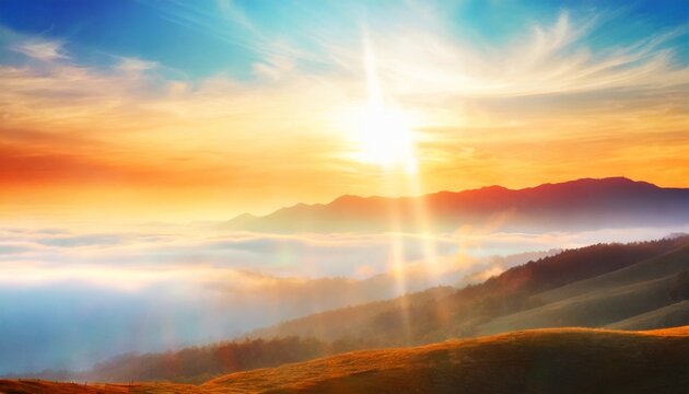 natural fog and mountains sunlight background blurring misty waves warm colors and bright sun light christmas background sky sunny color orange light patterns abstract flare evening on clouds blur © Raymond