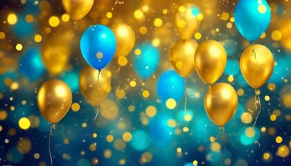 Obraz na płótnie Canvas realistic festive background with golden and blue balloons falling confetti blurry background and a bokeh lights technology