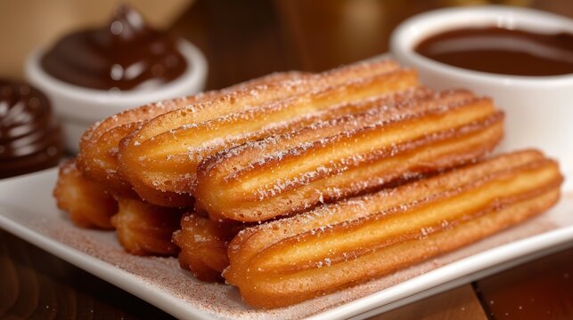 Golden churros served with a layer of sugar and cinnamon. Delicious churros with chocolate and caramel sauce. Hot appetizing churros.