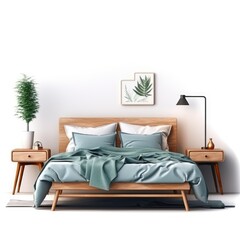 realistic stock photo, living room interior, wooden bed, trendy color palette, in style of Danish minimalist