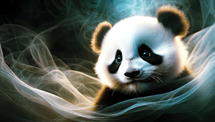 Gros plan du visage d'un panda dans une ambiance nuageuse blanche