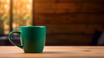 Dark Green Coffee Cup on a wooden Table. Blurred Interior Background