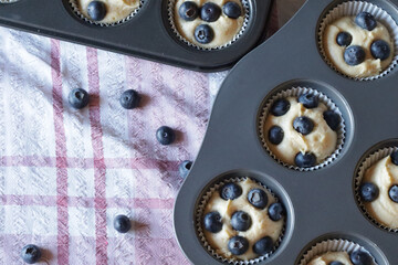 Blueberry muffin cup cake homemade. Woman hand put fresh blueberry on top of cake. Family lifestyle...