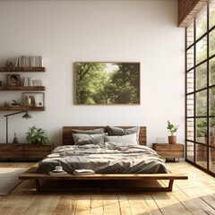 realistic stock photo, living room interior, wooden bed, cozy vibe