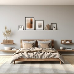 realistic stock photo, living room interior, wooden bed, trendy color palette, in style of Danish minimalist