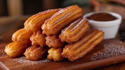 Golden churros served with a layer of sugar and cinnamon. Delicious churros with chocolate and caramel sauce. Hot appetizing churros.