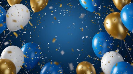 Celebration background concept with blue, golden, white balloons and confetti