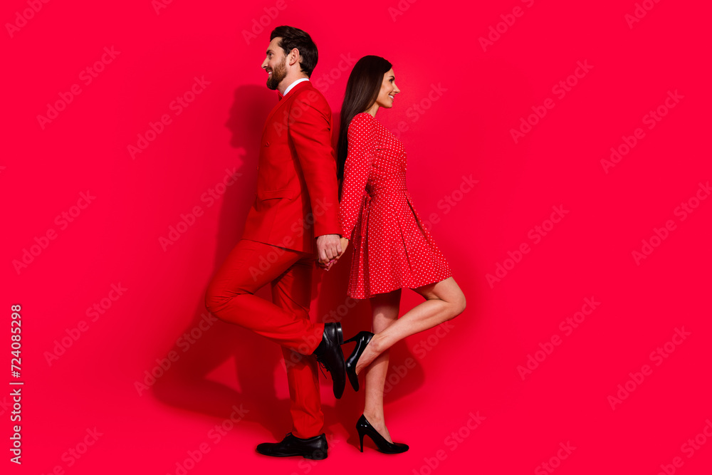 Poster full body profile photo of two successful idyllic people touch each other back empty space isolated 