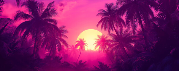 surreal psychedelic artwork of a tropical synthwave landscape with palm trees and beauty island sunset - obrazy, fototapety, plakaty