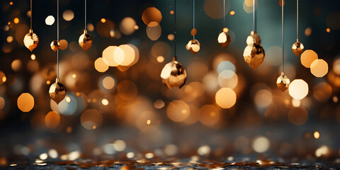 Abstract bokeh shimmering gold glitter lights with blurry defocused background