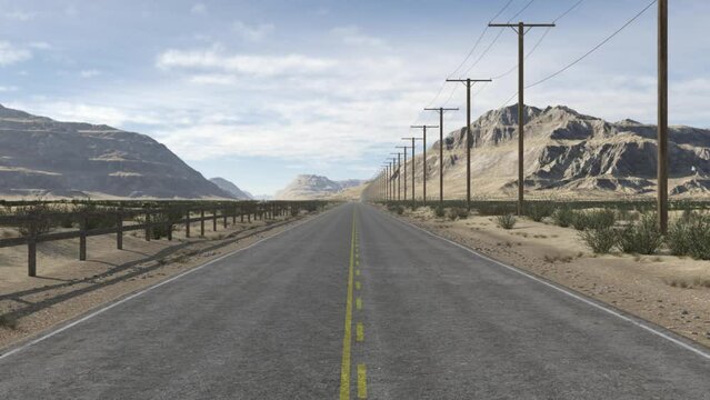 Driving along an empty straight road in the desert with mountains in the background. Animated 3D rendering.