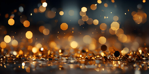 Abstract bokeh shimmering gold glitter lights with blurry defocused background