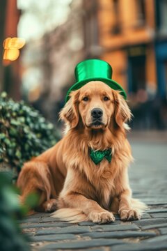 Golden Retriever wearing a green hat and a green bow tie sitting on the street