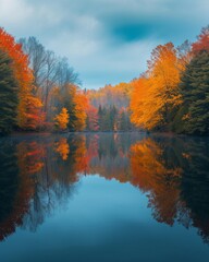 Naklejka na ściany i meble Serene lake surrounded by autumn foliage reflecting in the still water