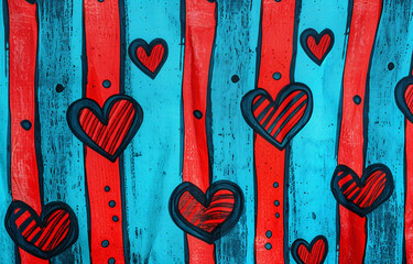 Red and turquoise heart and stripes drawing