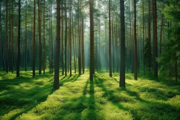 Pine forest with green grass and sunlight shining through the trees