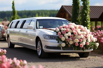 Stunning just married white wedding limousine adorned with elegant script decoration - obrazy, fototapety, plakaty