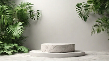 White granite stone pedestal, simple round stand with green tropical plants around. Product presentation concept.