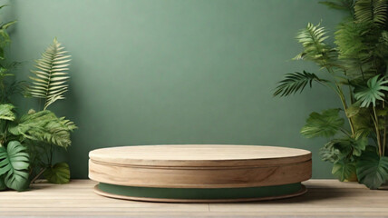 Wooden minimal style pedestal, simple round stand with green tropical plants around. Product presentation concept.