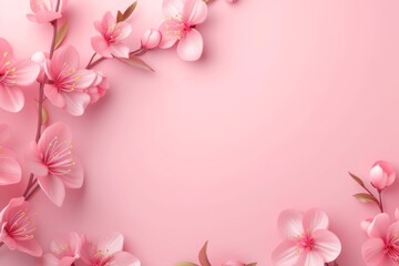 Fototapeta na wymiar Pink spring background with delicate spring flowers with copy space. Product promotion, template, mockup, cosmetics, sales background.