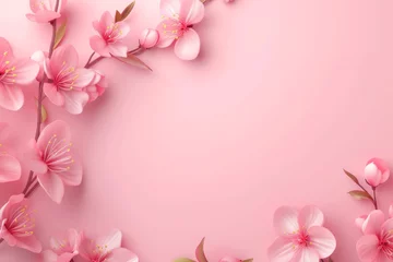 Tuinposter Pink spring background with delicate spring flowers with copy space. Product promotion, template, mockup, cosmetics, sales background. © julijadmi